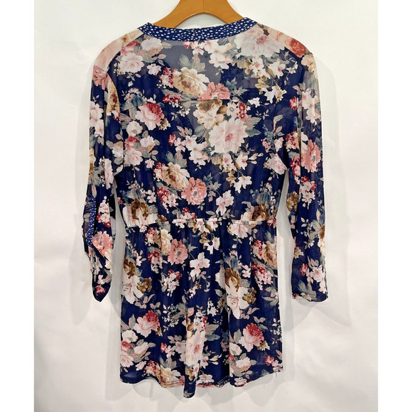 Womens Babydoll Top XL Floral V Neck Button Up Stretch Roll Tab Tunic Semi Sheer - Picture 2 of 12